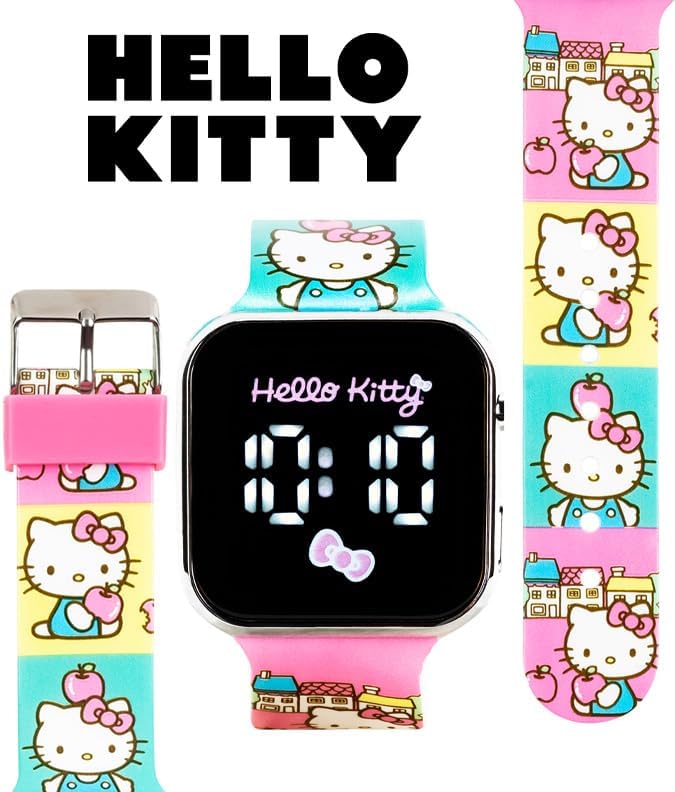 Hello Kitty Kids Touchscreen LED Watch With Sanrio Character Artwork And Town Scene Strap Digital Display Durable Silicone Band Ages 6+ Fits Wrists 5.5"–8"