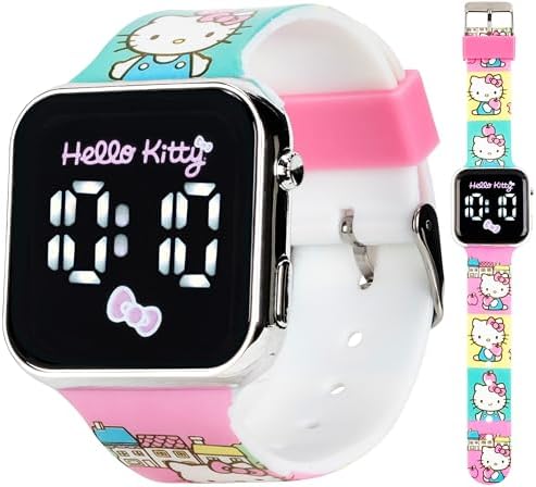 Hello Kitty 儿童触摸屏 LED 手表 三丽鸥人物艺术品和城镇场景表带 数字显示 耐用硅胶表带 适合 6 岁以上儿童 适合手腕 5.5 英寸-8 英寸