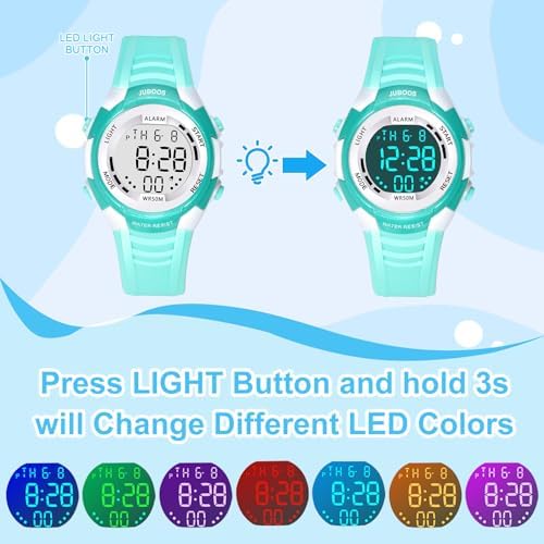 Juboos Kids Digital Watch For Boys Girls 5-18 7 Colors LED Light Kids Sports Outdoor Wristwatch 5 ATM Waterproof Watch With Alarm Stopwatch