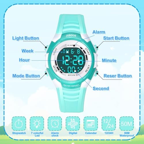 Juboos Kids Digital Watch For Boys Girls 5-18 7 Colors LED Light Kids Sports Outdoor Wristwatch 5 ATM Waterproof Watch With Alarm Stopwatch