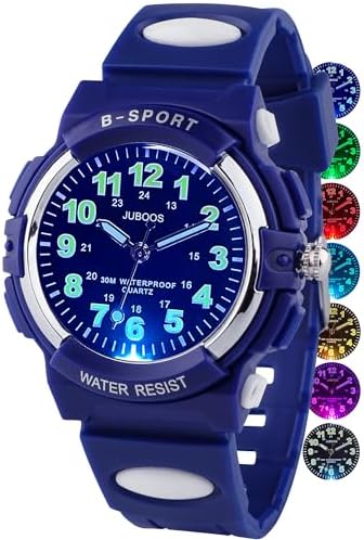 Juboos Kids Watch Analog with 7 Colorful Night Lights Boys Girls Waterproof Soft Strap Kids Time Teaching Quartz Wristwatch for Ages 5-18