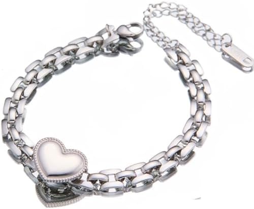 Jude Jewelers Stainless Steel Heart Charm Watch Band Chain Style Bracelet (Silver) Medium