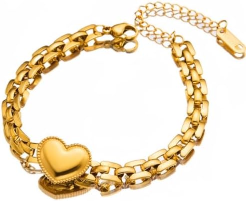 Jude Jewelers Stainless Steel Heart Charm Watch Band Chain Style Bracelet (Gold) Medium