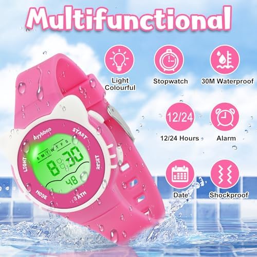 Kids Digital Watches For Girls Boys 7 Color Lights Waterproof Cute Wristwatches For Kids With Alarm Stopwatch Great Present For Girls Boys Ages 5-13