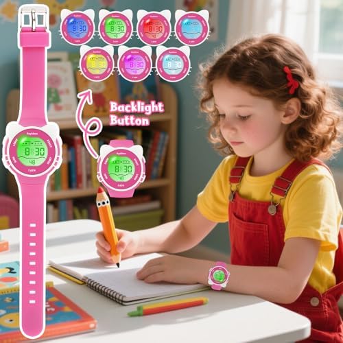 Kids Digital Watches For Girls Boys 7 Color Lights Waterproof Cute Wristwatches For Kids With Alarm Stopwatch Great Present For Girls Boys Ages 5-13