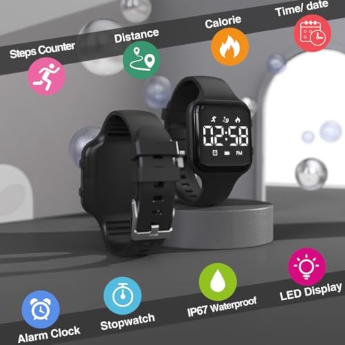 Kids LED Digital Watch With Pedometer Step Counter Waterproof Sport Wristwatch Calendar Alarm Clock For Children Boys Girls Teens
