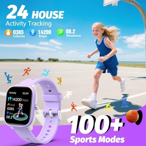 Kids Wach For Girls Boys 6-15 Year Old - Smart Watch For Kids 1.8" Fitness Tracker No Phone Needed Pedometer Sleep Monitor Heart Rate Waterproof Puzzle Game For Girls Boys Teens Birthday Gift (Purple)