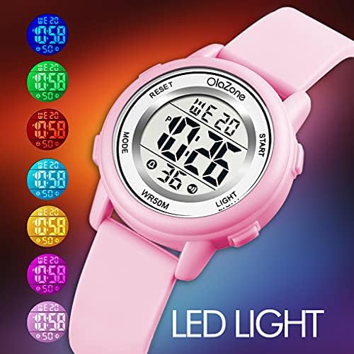 Kids Watch Girls Digital 7-Color Flashing Light Water Resistant 164FT Alarm For Age 7-12