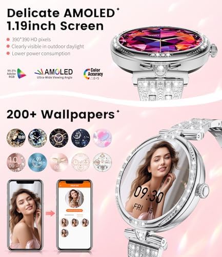 LIGE Smart Watches For Women (Answer/Make Call) With Diamonds 1.19” AMOLED Smartwatch With Heart Rate/Sleep Monitor IP68 Waterproof Fitness Tracker 120 Sport Modes Pedometer For Android IOS Sliver