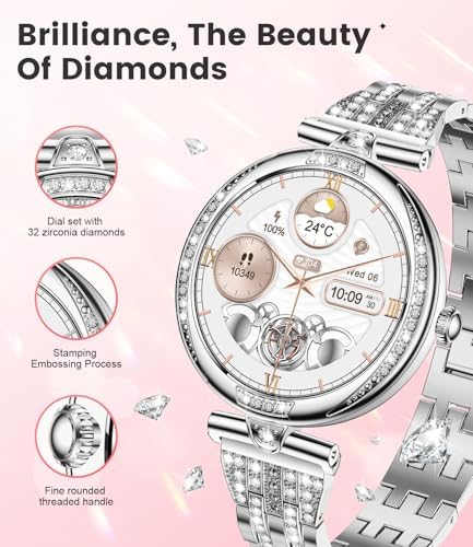 LIGE Smart Watches For Women (Answer/Make Call) With Diamonds 1.19” AMOLED Smartwatch With Heart Rate/Sleep Monitor IP68 Waterproof Fitness Tracker 120 Sport Modes Pedometer For Android IOS Sliver