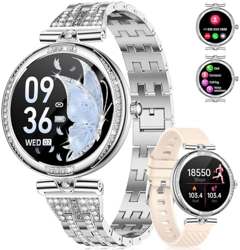 LIGE Smart Watches for Women (Answer/Make Call) with Diamonds 1.19” AMOLED Smartwatch with Heart Rate/Sleep Monitor IP68 Waterproof Fitness Tracker 120 Sport Modes Pedometer for Android iOS Sliver