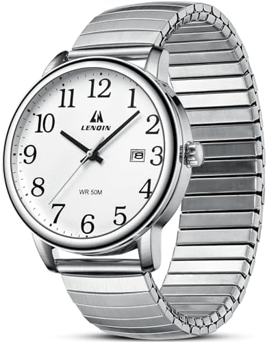 LN LENQIN Mens Watches Easy Read Analog Quartz Sport Waterproof Watch for Men with 38mm Stainless Steel Expansion Band and Glow Dial