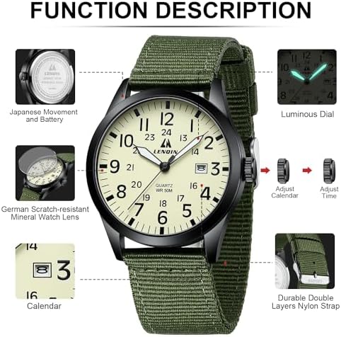 LN LENQIN Mens Watches Unisex Military Sport Nylon Strap Stylish Luminous Fashion Analog Quartz Watch For Men Waterproof Army Tactical Casual Wristwatch