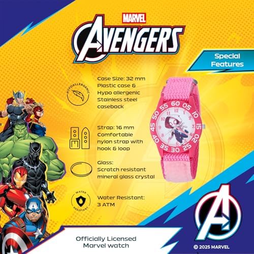 Marvel 超级英雄冒险蜘蛛侠手表适合 3 – 7 岁女孩使用 – 蜘蛛侠儿童手表带英雄表盘 – 送给年轻粉丝和幼儿的有趣礼物 – 粉色边框和柔软的粉色织物表带带魔术贴