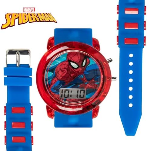 Marvel Spider-Man Kids' LCD Watch – Flashing LED Bullet Band Digital Time Display Red & Blue Design Durable Plastic Case Adjustable Silicone Strap – Fits Wrists 5.5" To 8"