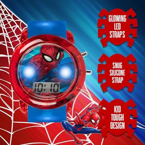 Marvel Spider-Man Kids' LCD Watch – Flashing LED Bullet Band Digital Time Display Red & Blue Design Durable Plastic Case Adjustable Silicone Strap – Fits Wrists 5.5" To 8"