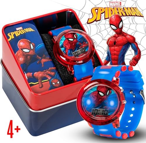 Marvel Spider-Man Kids' LCD Watch – Flashing LED Bullet Band Digital Time Display Red & Blue Design Durable Plastic Case Adjustable Silicone Strap – Fits Wrists 5.5" To 8"