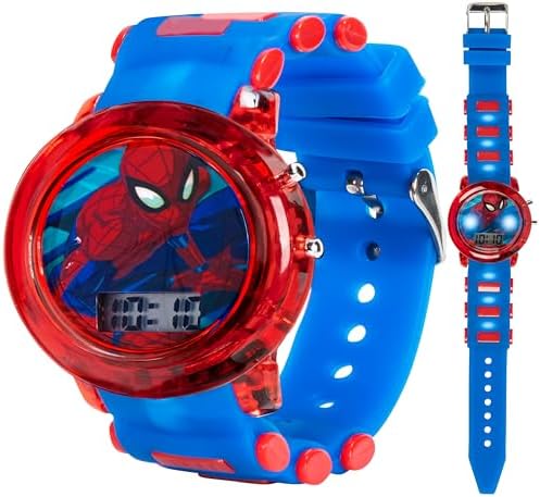 Marvel Spider-Man Kids' LCD Watch – Flashing LED Bullet Band Digital Time Display Red & Blue Design Durable Plastic Case Adjustable Silicone Strap – Fits Wrists 5.5" to 8"