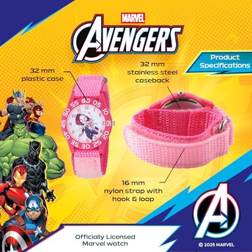 Marvel Super Hero Adventures Spiderman Watch For Girls Ages 3–7 – Spiderman Kids Watch With Hero Dial – Fun Gift For Young Fans And Toddlers – Pink Bezel And Soft Pink Fabric Strap With Velcro
