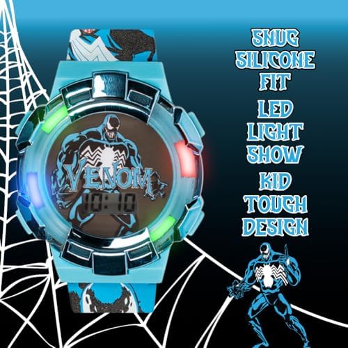 Marvel Venom Kids Watch – Light-Up Bezel With Rotating Lights LCD Display Easy-to-Read Adjustable Plastic Strap – Perfect For Boys And Girls