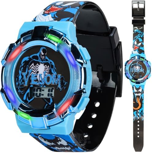 Marvel Venom Kids Watch – Light-Up Bezel with Rotating Lights LCD Display Easy-to-Read Adjustable Plastic Strap – Perfect for Boys and Girls
