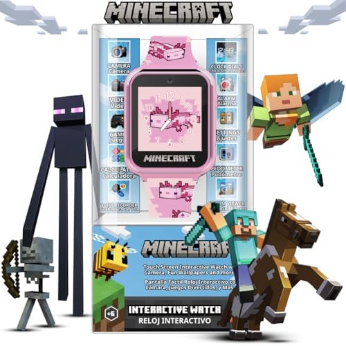 Minecraft 儿童智能手表 – 粉色 Axolotl 设计 10 个表盘 计步器 自拍相机 计算器 游戏 录音机 闹钟和定时器 印花硅胶表带 – 适合手腕 5.5-20 .3 厘米 粉红色 智能手表