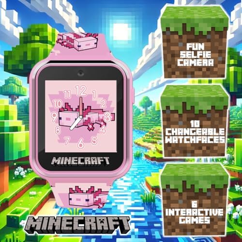 Minecraft Kids Smartwatch – Pink Axolotl Design 10 Watch Faces Step Counter Selfie Camera Calculator Games Voice Recorder Alarm & Timer Printed Silicone Straps – Fits Wrists 5.5"-8.0"