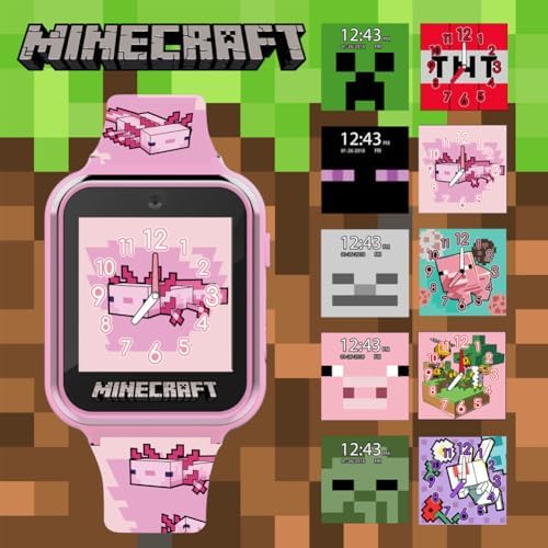 Minecraft Kids Smartwatch – Pink Axolotl Design 10 Watch Faces Step Counter Selfie Camera Calculator Games Voice Recorder Alarm & Timer Printed Silicone Straps – Fits Wrists 5.5"-8.0"