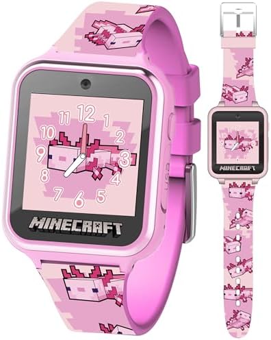 Minecraft Kids Smartwatch – Pink Axolotl Design 10 Watch Faces Step Counter Selfie Camera Calculator Games Voice Recorder Alarm & Timer Printed Silicone Straps – Fits Wrists 5.5"-8.0"