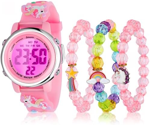 NEWITIN 4 Pieces Girls Watch Bracelets Set Multifunctional 7 Color Lights Digital Sport Alarm Stopwatch 3D Waterproof Unicorn Watch Jewelry Set for Girls 3-10 Years Old Kids