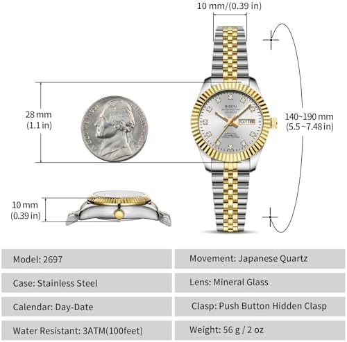 NIBOSI Watches For Women Analog Quartz Stainless Steel Dial With Day Date Luminous Waterproof Dainty Classic Luxury Diamond Elegant Dress Women's Watch For Small Wrists