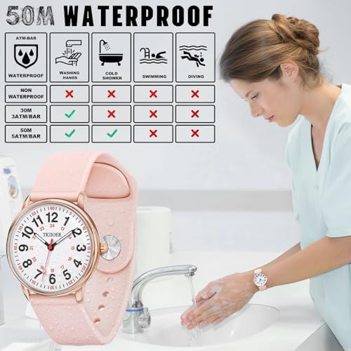 Nurse Watch For Nurse Medical Professionals Students Women Men 50M Waterproof 12/24 Hour Military Time Luminous Easy Read Dial Second Hand Watch For Nursing