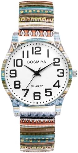 OIDEA Stretch Band Watches for Women: Bohemia Flower Easy Reader Elastic Band Watch Large Face Big Number Analog Quartz Bracelet Watch Expansion Band Wristwatch