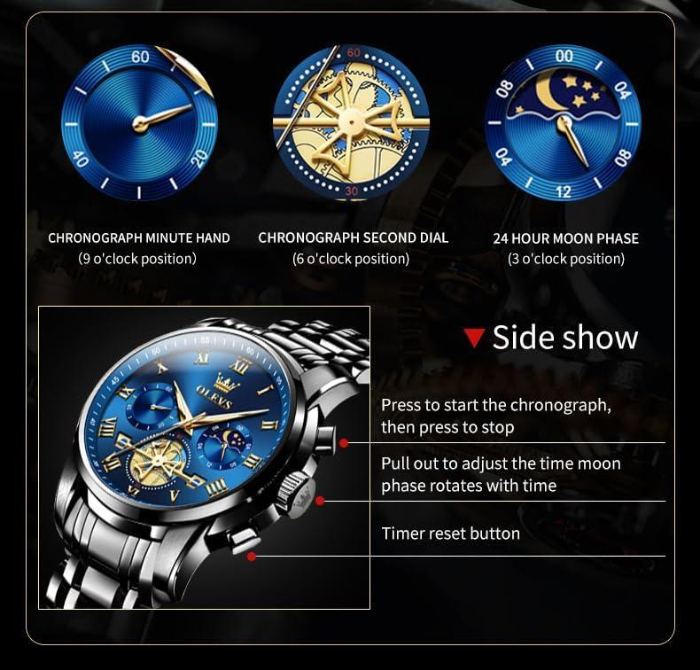 OLEVS Watches Men Waterproof Luxury Big Face Mens Watch Stainless Steel Quartz Analog Dress Watches For Men Luminous Multifunction Man Watch Relojes De Hombre