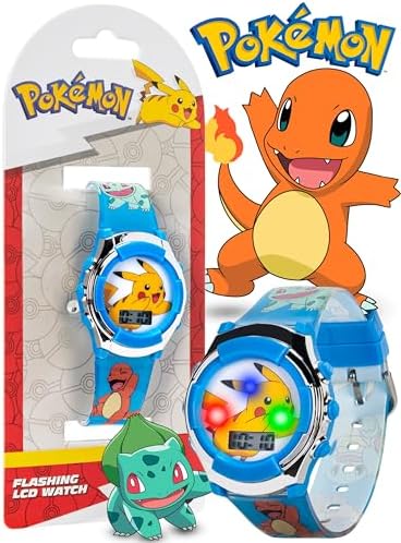 Pokémon Kids Digital Watch With Flashing LED Lights Pikachu & Friends Design Fun Character Display Soft Silicone Strap Kid-Friendly Tough Build Adjustable Fit For Wrist Sizes 5.5" To 8"