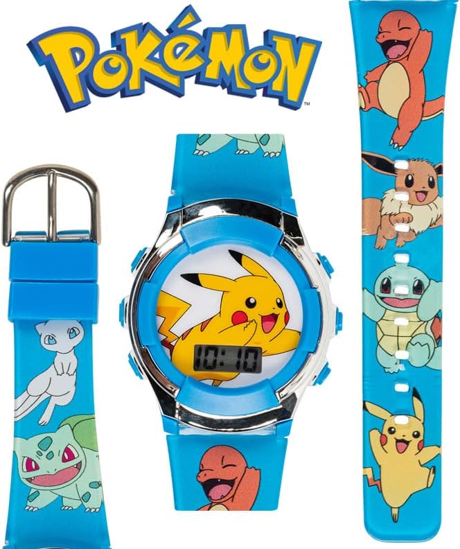Pokémon Kids Digital Watch With Flashing LED Lights Pikachu & Friends Design Fun Character Display Soft Silicone Strap Kid-Friendly Tough Build Adjustable Fit For Wrist Sizes 5.5" To 8"