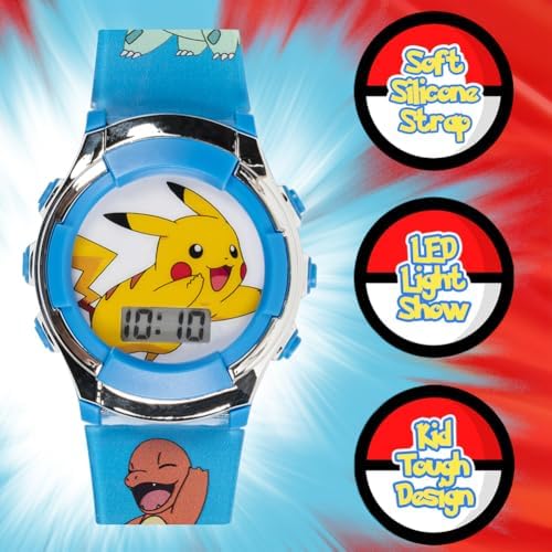 Pokémon Kids Digital Watch With Flashing LED Lights Pikachu & Friends Design Fun Character Display Soft Silicone Strap Kid-Friendly Tough Build Adjustable Fit For Wrist Sizes 5.5" To 8"