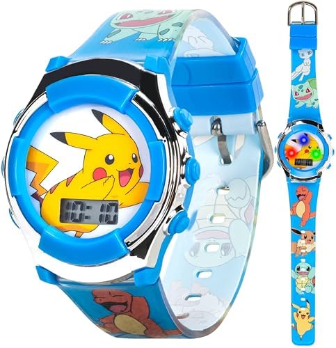 Pokémon Kids Digital Watch with Flashing LED Lights Pikachu & Friends Design Fun Character Display Soft Silicone Strap Kid-Friendly Tough Build Adjustable Fit for Wrist Sizes 5.5" to 8"