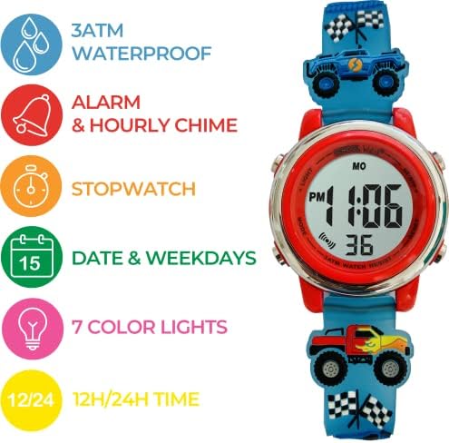 Preschool Collection Kids Digital Light Up Watch - Monster Trucks Dinosaurs Shark Unicorn Butterfly Spider - Girls Boys Children School