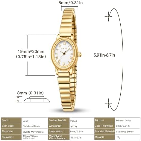Small Gold Watches For Women Analog Womens Watch With Stainless Steel Expansion Band Oval Case Roman Dial Water Resistant