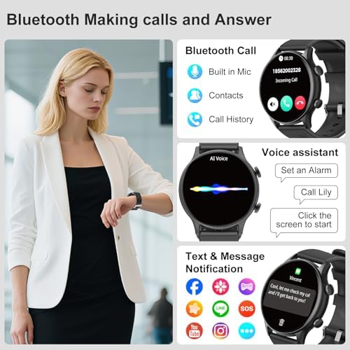 Smart Watch For Women 1.77" Fitness Tracker With Heart Rate/Sleep/SpO2/Stress Monitor Fitness Watch For Answer Calls IP68 Smartwatch For IOS Android Step Counter Watch 123+ Sport Modes 2 Bands