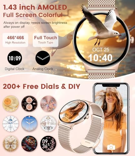 Smart Watches For Women 1.43" AMOLED Display Fitness Tracker With Bluetooth Make/Answer Call Heart Rate/Female Cycle/Sleep Monitor 100+ Sports Modes IP67 Waterproof For Android/iPhone