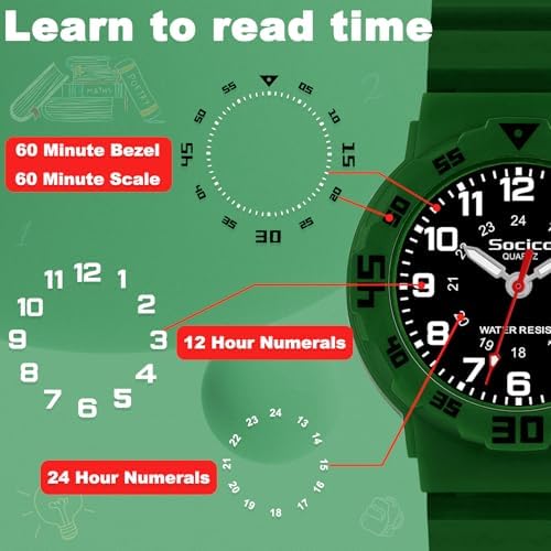 SOCICO Children Analog Watch For Boys Girls Waterproof Time Teaching Watch With Soft Band Learning Time Wrist Watch Easy To Read Christmas Gifts For Kids Ages 3-12 Great Gifts