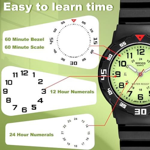 SOCICO Children Analog Watch For Boys Girls Waterproof Time Teaching Watch With Soft Band Learning Time Wrist Watch Easy To Read Christmas Gifts For Kids Ages 3-12 Great Gifts