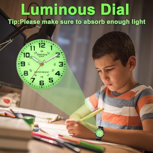 SOCICO Children Analog Watch For Boys Girls Waterproof Time Teaching Watch With Soft Band Learning Time Wrist Watch Easy To Read Christmas Gifts For Kids Ages 3-12 Great Gifts
