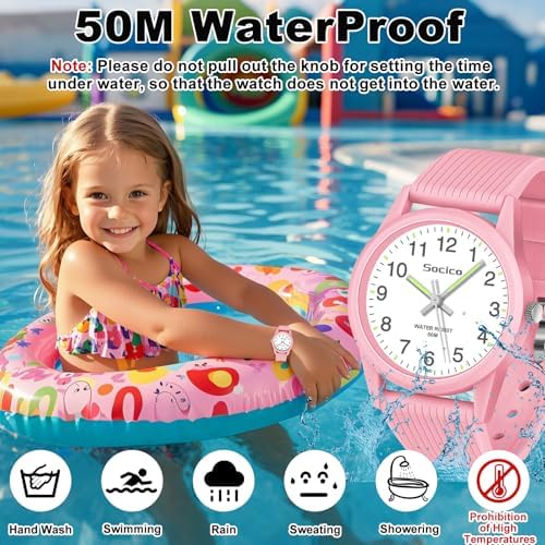 SOCICO Kids Analog Watch For Boys Girls Easy To Read Learning Time Watch 50M Waterproof Soft Band Wristwatch For Ages 4-12 Great Gift For Children