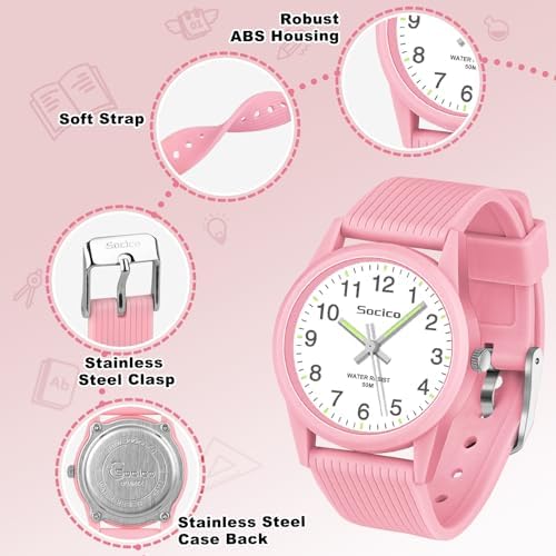 SOCICO Kids Analog Watch For Boys Girls Easy To Read Learning Time Watch 50M Waterproof Soft Band Wristwatch For Ages 4-12 Great Gift For Children