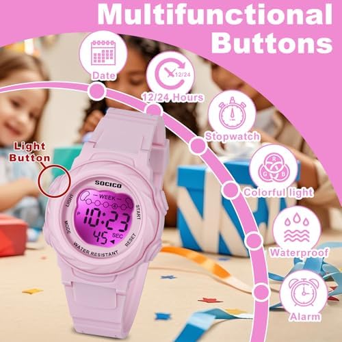 SOCICO Kids Digital Watches For Girls Boys 7 Color Lights Waterproof Sport Outdoor Wristwatch With Stopwatch Alarm Date Great Gift For Child Ages 5-12