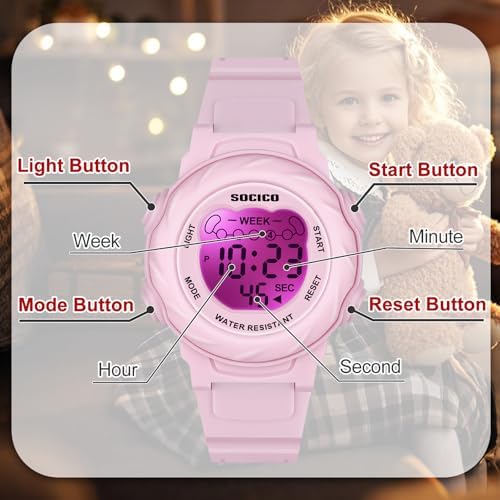 SOCICO Kids Digital Watches For Girls Boys 7 Color Lights Waterproof Sport Outdoor Wristwatch With Stopwatch Alarm Date Great Gift For Child Ages 5-12