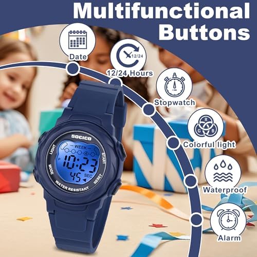 SOCICO Kids Digital Watches For Girls Boys 7 Color Lights Waterproof Sport Outdoor Wristwatch With Stopwatch Alarm Date Great Gift For Child Ages 5-12
